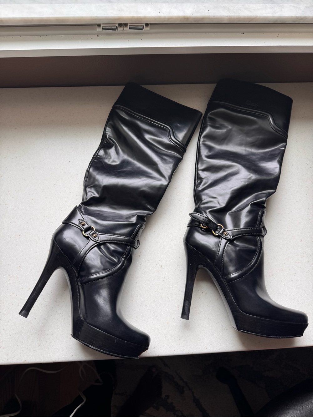 Gucci Black Leather Knee-High Platform Stiletto Boots